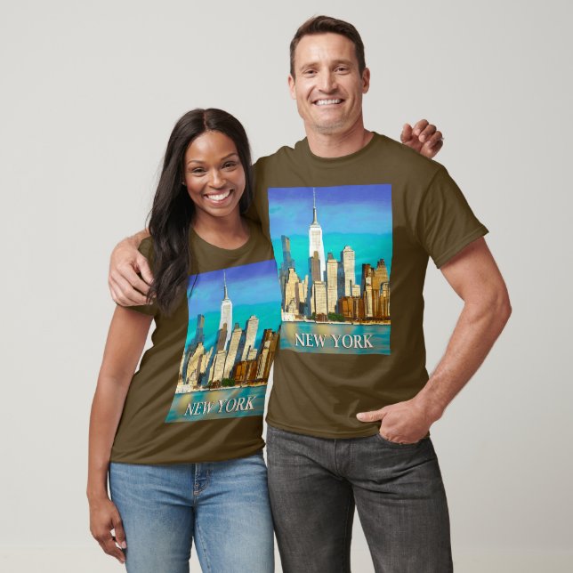 New York Skyline in Cobalt Blue and Tan T-Shirt (Unisex)