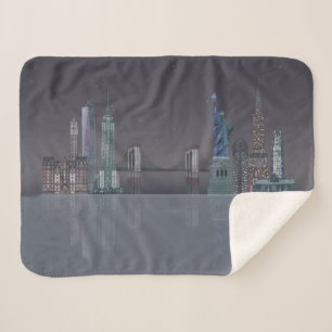 New York Skyline Night Reflections Sherpa Blanket