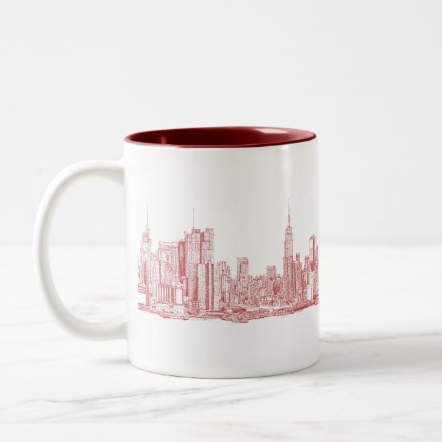 New York skyline pink red Two-Tone Coffee Mug (Left)