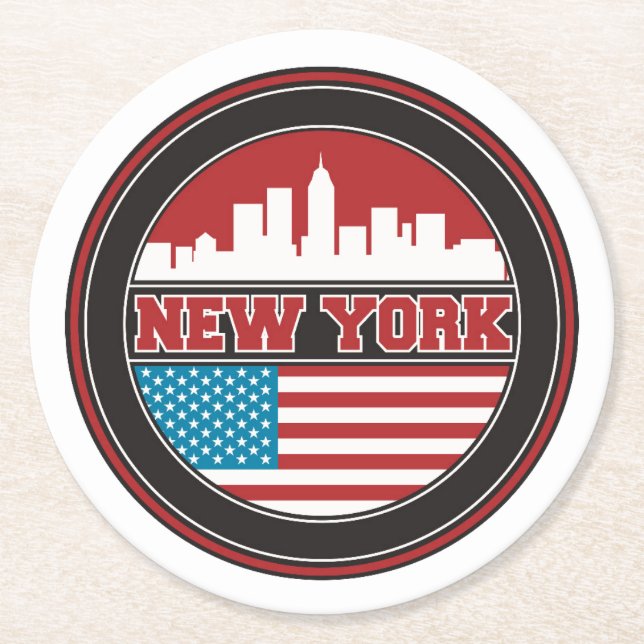 New York Skyline | United States Flag Round Paper Coaster (Front)