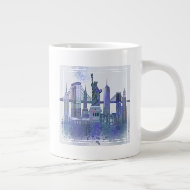 New York Skyline - Watercolor Blue Large Coffee Mug (Right)