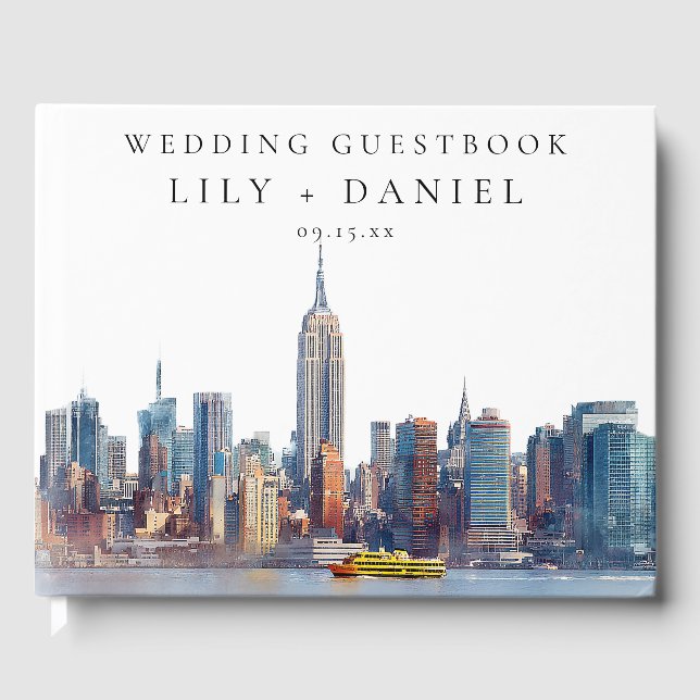 New York Skyline Watercolor Wedding Guest Book (Front)