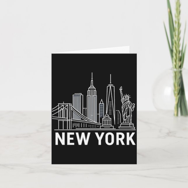 New York Skyline With Statue Of Liberty White Line Card (Front)