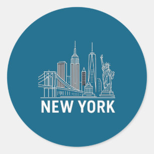 New York Skyline With Statue Of Liberty White Line Classic Round Sticker
