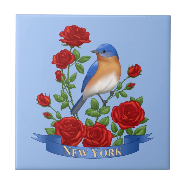New York State Bird & Flower - Bluebird & Red Rose Tile (Front)