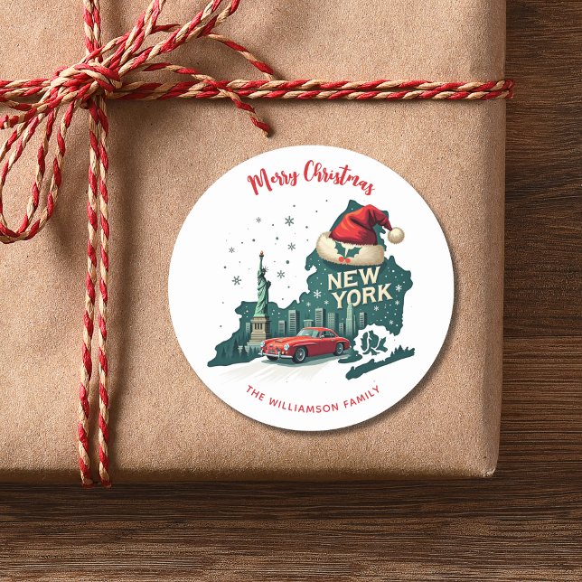 New York State Merry Christmas Custom Holiday Classic Round Sticker (Edit text to personalize.  Matching items available in collection)