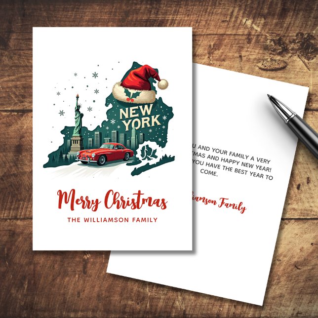 New York State Merry Christmas Retro Personalised  Card (Personalize with your text and Family Names, other items available in collection)