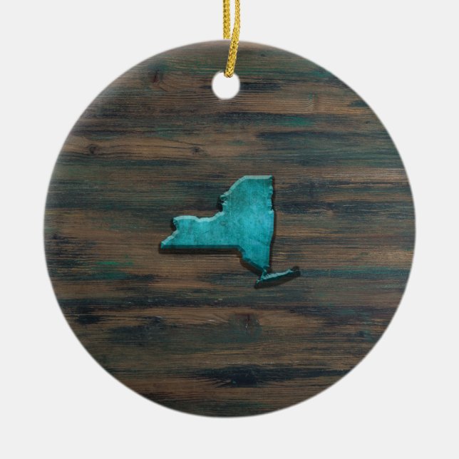 New York State Shape Teal Ceramic Tree Decoration (Front)