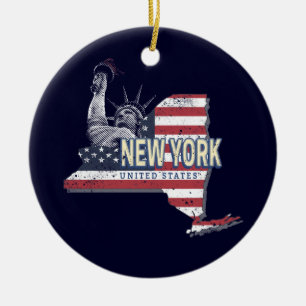 New York State United States Retro Map Vintage USA Ceramic Tree Decoration