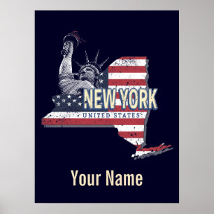 New York State United States Retro Map Vintage USA Poster