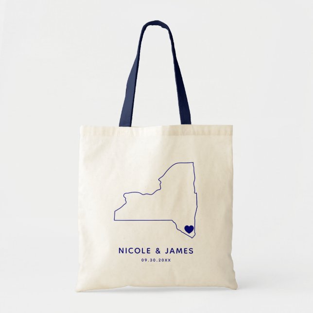 New York State Wedding Welcome Bag Map Tote, Navy (Front)