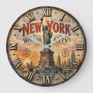 New York Statue of Liberty Vintage NYC Skyline Large Clock