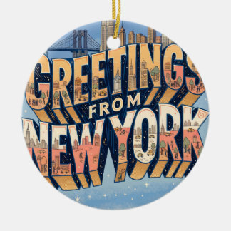 New York Statue of Liberty Vintage Postcard Ceramic Tree Decoration