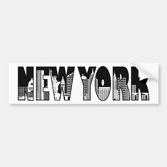 New York Text Outline with Landmarks Drawing Bumper Sticker (Front)