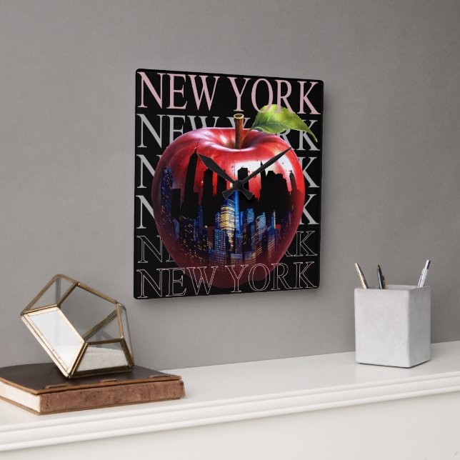 New York The Big Apple Fruit Silhouette City Square Wall Clock (Office)