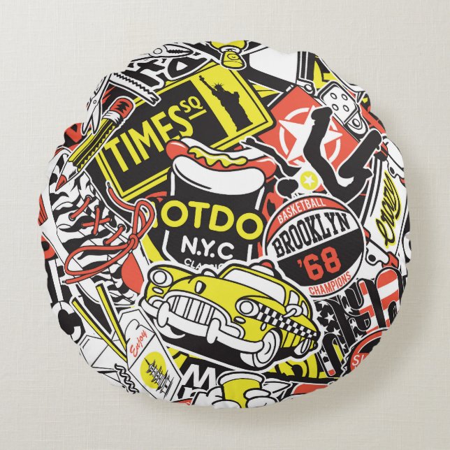 New York urban: sticker patchwork. Round Cushion (Front)