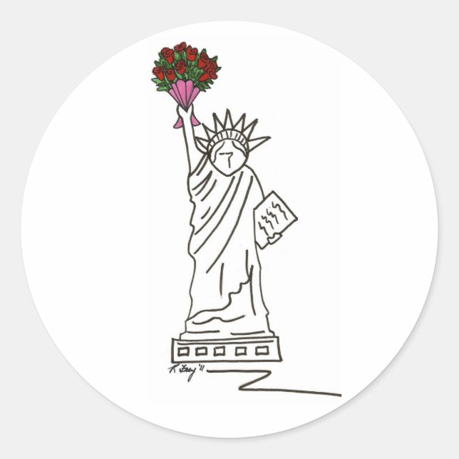 New York Valentine Statue of Liberty Roses Bouquet Classic Round Sticker (Front)