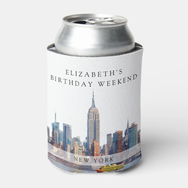 New York Watercolor Birthday Weekend Can Cooler (Can Front)