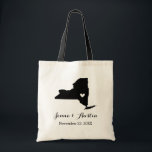 New York Wedding Welcome Tote Bag<br><div class="desc">Welcome out of town wedding guests with a bag full of snacks and treats personalised with the state where you're getting married and the bride and groom's names and wedding date. Click Customise It to move the heart to show any city or location on the state map. Use the design...</div>