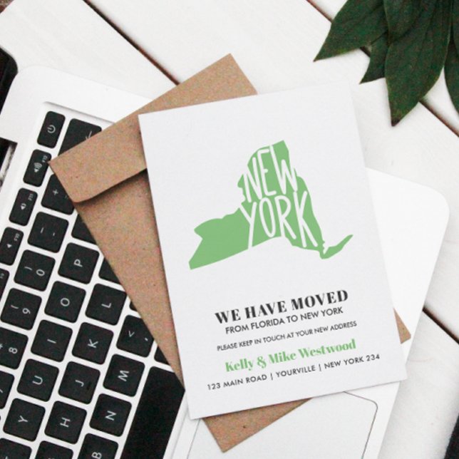 NEW YORK We've moved New address New Home  Postcard (New York Green Modern Change of Address Postcard with Silhouette Map Customizable Name and ADDRESS)