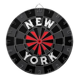 NEW YORK White Text on Black Charcoal Red Heart Dartboard