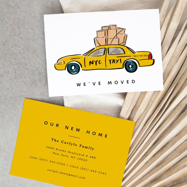 New York Yellow Taxi Cab Moving Announcements (Hand-drawn NYC yellow taxi illustration for a New York City moving announcement card.)