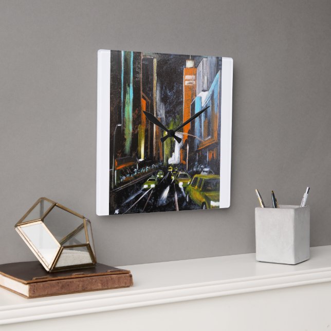 New York's Electric Midnight Painting - Alfred Fox Square Wall Clock (Office)
