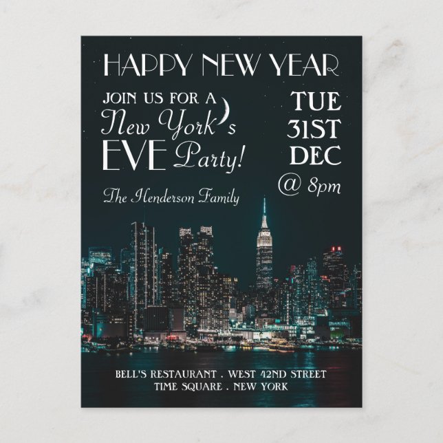 New York's Eve, New Year's Eve Party Invitation Postcard (Front)