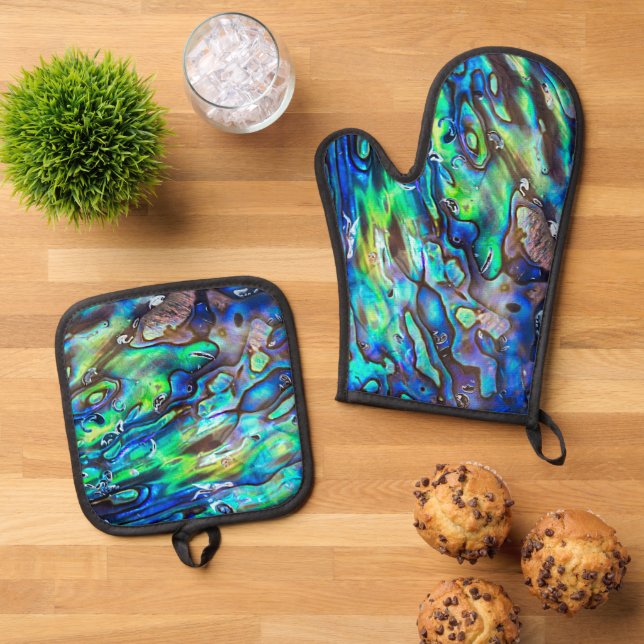 New Zealand Abalone Paua Shell Pattern 1 Oven Mitt & Pot Holder Set (Top Down)