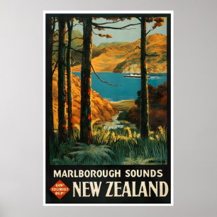 New Zealand Art Vintage Travel Poster Marlborough