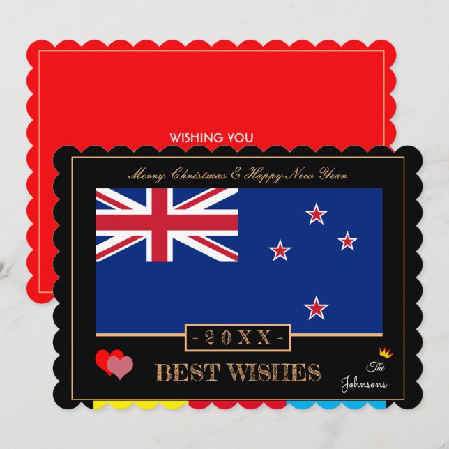 New Zealand Flag &Happy New Year/Best Wishes Kiwi Holiday Card (Front/Back)
