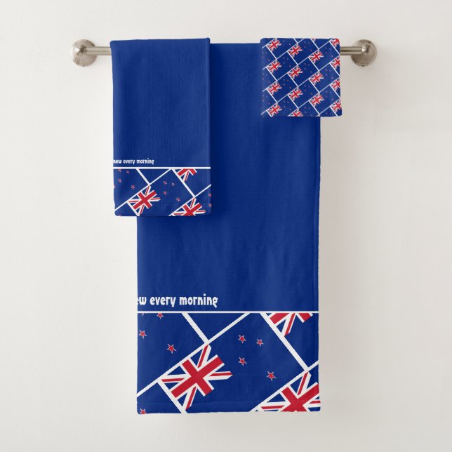 NEW ZEALAND FLAG Personalised Scripture BLUE Bath Towel Set (Insitu)