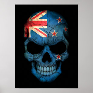 New Zealand Flag Skull on Black Poster