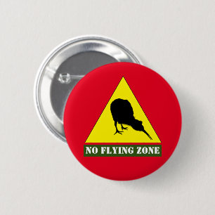 New Zealand, Kiwi Bird & No Flying Zone /Aotearoa 6 Cm Round Badge
