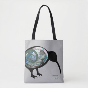 NEW ZEALAND KIWI BIRD PAUA BLACK GREEN FERN KORU TOTE BAG