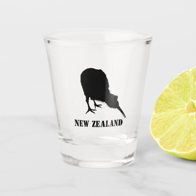New Zealand & Kiwi Bird Sillhouette / Aotearoa NZ Shot Glass (Front)