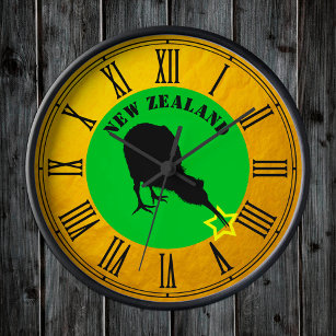 New Zealand & Kiwi Bird star / Gold design  Clock