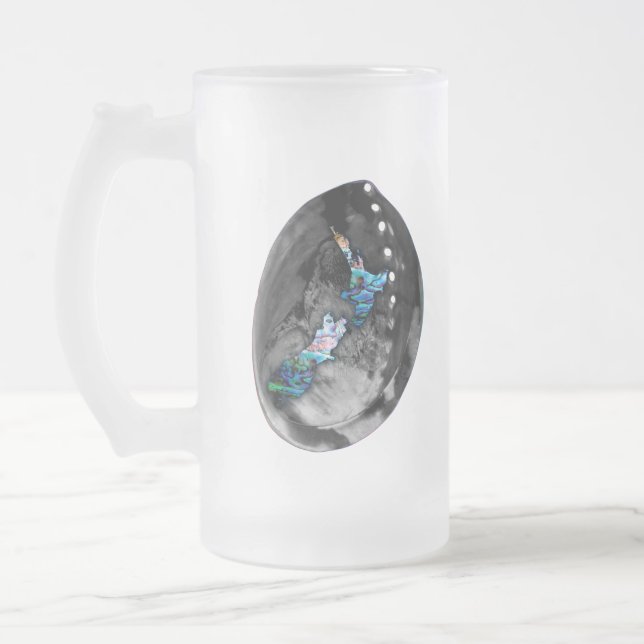 NEW ZEALAND KIWI MAP PAUA FROSTED GLASS BEER MUG (Left)