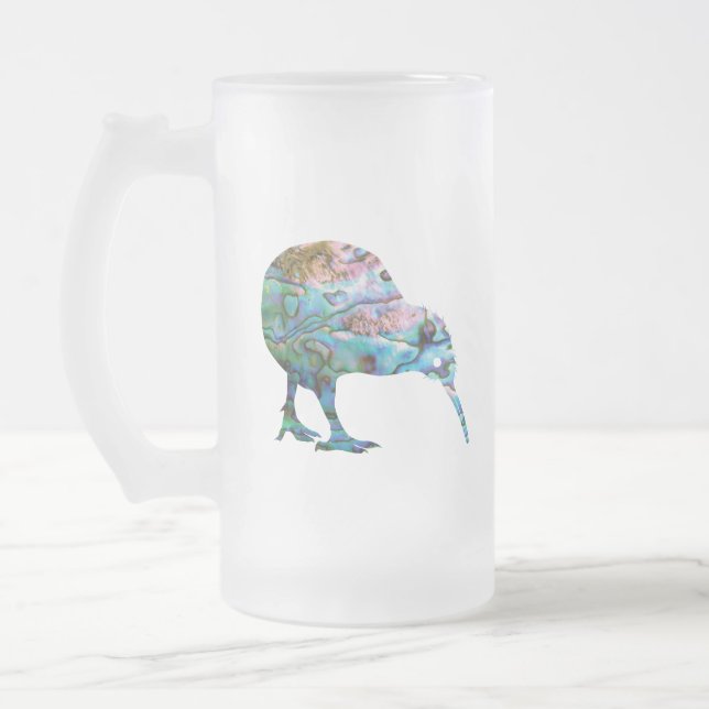 NEW ZEALAND KIWI PAUA FROSTED GLASS BEER MUG (Left)
