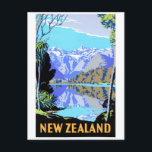 New Zealand Lake Matheson Vintage Travel Poster Postcard<br><div class="desc">Restored and digitally enhanced vintage travel poster of Lake Matheson in New Zealand. Travel days are here again. Imperfections removed. Colours corrected.</div>