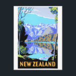 New Zealand Lake Matheson Vintage Travel Poster Postcard<br><div class="desc">Restored and digitally enhanced vintage travel poster of Lake Matheson in New Zealand. Travel days are here again. Imperfections removed. Colours corrected.</div>