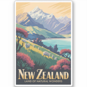 New Zealand Landscape Illustration Travel Art Vint