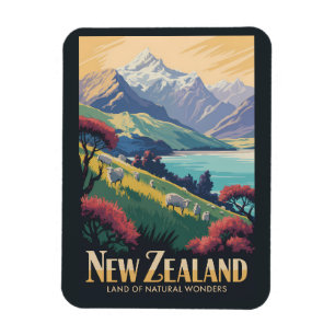 New Zealand Landscape Illustration Travel Art Vint Magnet