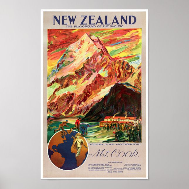 New Zealand Mt. Cook Vintage Travel Poster (Front)