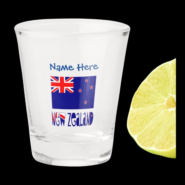 New Zealand New Zealander Flag Blue Personalizati Shot Glass (Shot glass has New Zealander flag and words NEW ZEALAND below in flag colors. Above, add a name.)