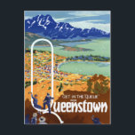 New Zealand Queenstown Vintage Travel Poster Postcard<br><div class="desc">Restored and digitally enhanced travel poster showing an aerial view of Queenstown with mountains in the background and figures in the foreground. New Zealand - the playground of the Pacific. Get in the queue for Queenstown. Imperfections and tears removed. Colours corrected. Image courtesy of Library of Congress.</div>