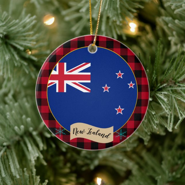 New Zealand, Red buffalo plaid & New Zealand Flag Ceramic Tree Decoration (Tree)