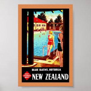 New Zealand Rotorua Vintage Poster Restored
