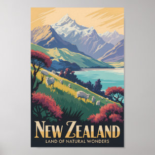 New Zealand Sheep Illustration Travel Art Vintage Poster