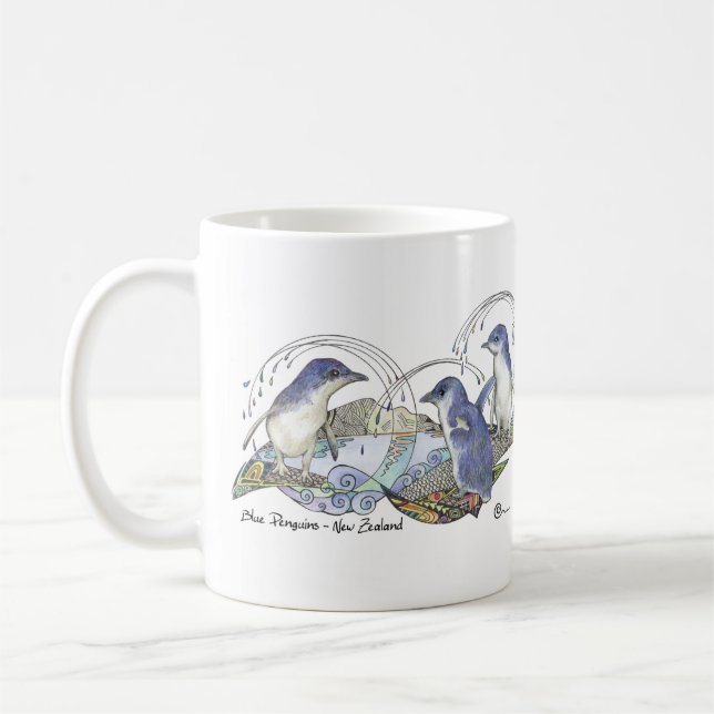 New Zealand Souvenir Blue Penguin drawing Coffee Mug (Left)